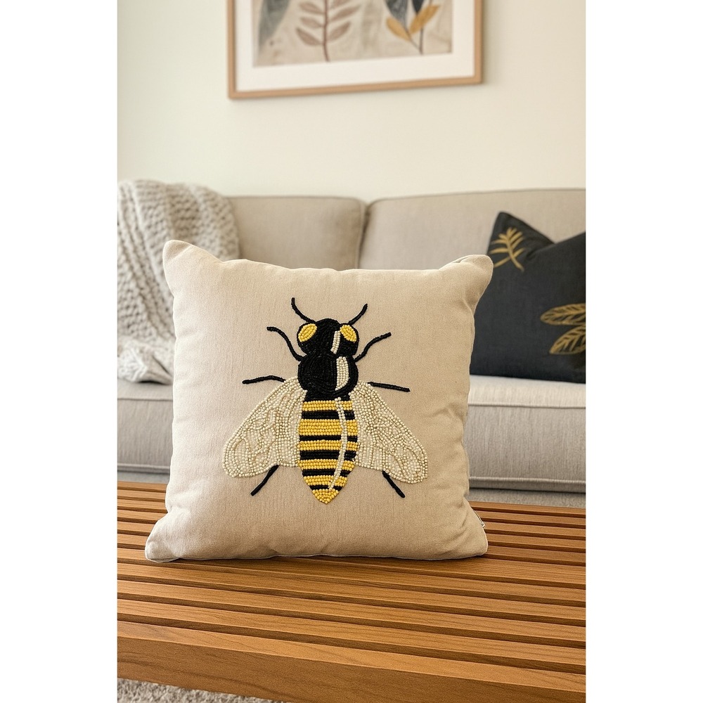 Vintage Cottagecore Farmhouse Boho Beaded Bumble Bee Throw Pillow by Primrose